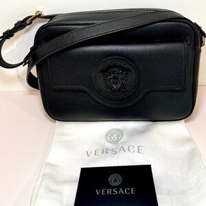 Versace Medusa Logo Crossbody Camera Bag In Black Grained Calfskin Leather